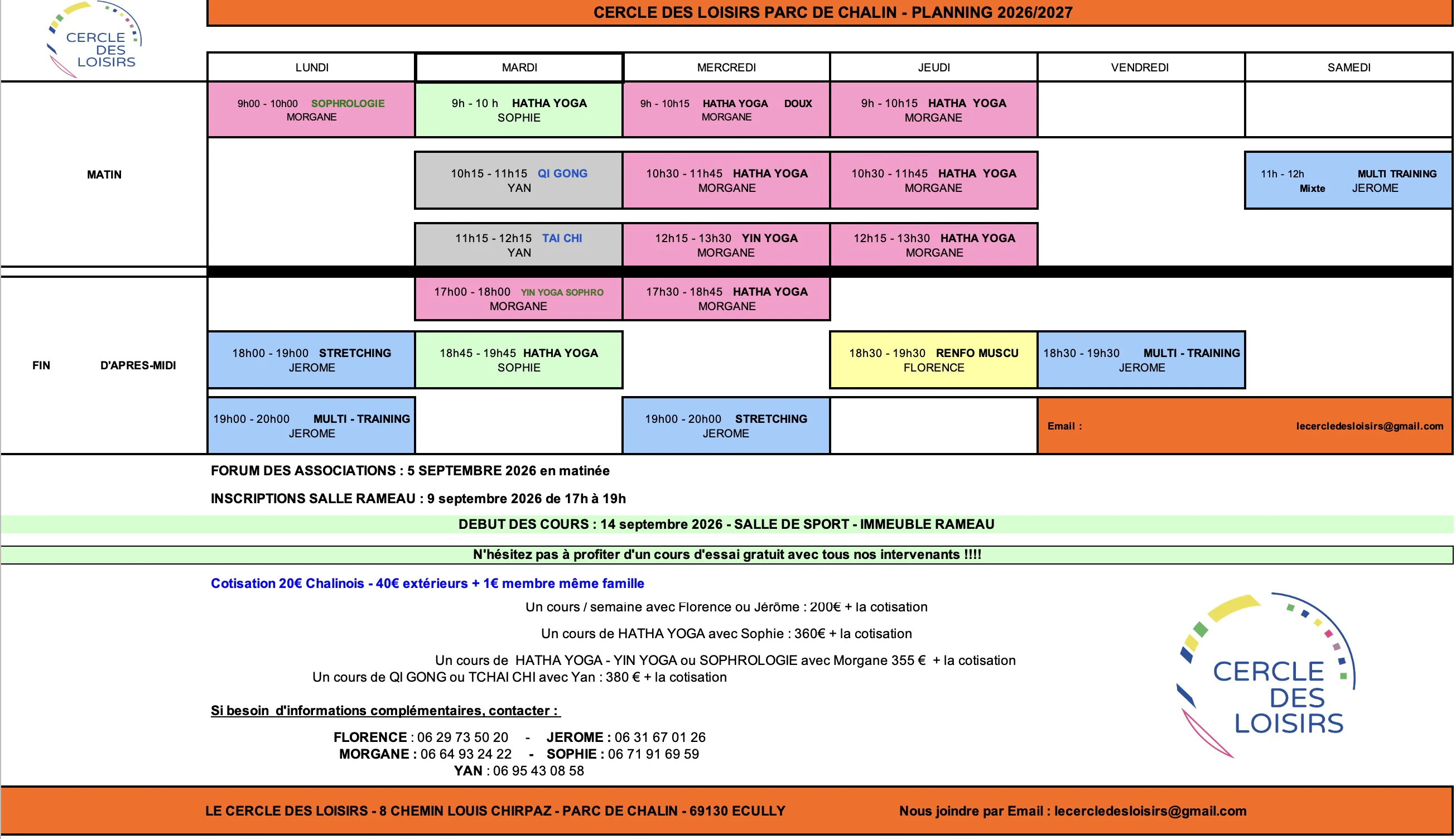 Planning des cours de sport du Cercle des Loisirs pour la saison 2026/2027 : sophrologie, hatha yoga, yin yoga, qi gong, tai chi, stretching, renforcement musculaire et multi-training du lundi au samedi, matin et fin d'après-midi. Forum des associations le 5 septembre 2026, inscriptions le 9 septembre, début des cours le 14 septembre 2026.